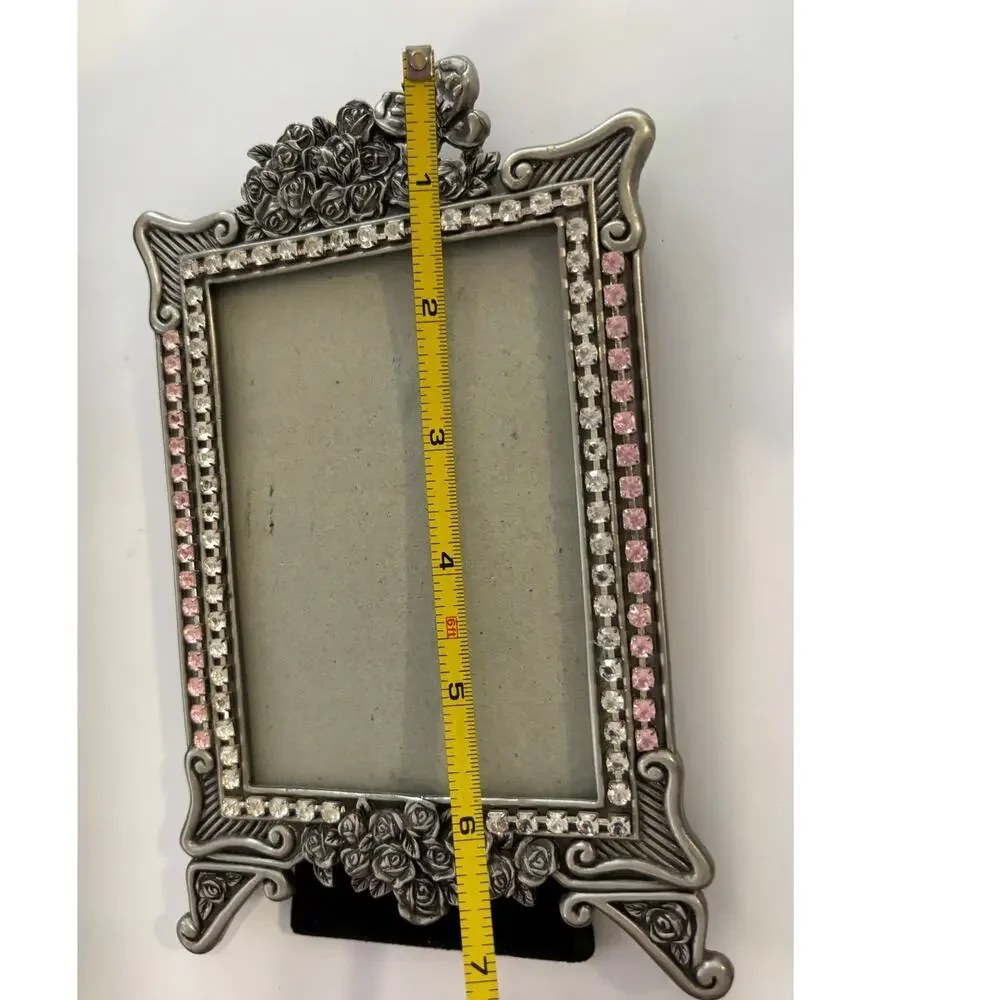 Silver Tone Pewter Photo Frame Floral Clear Pink Rhinestones